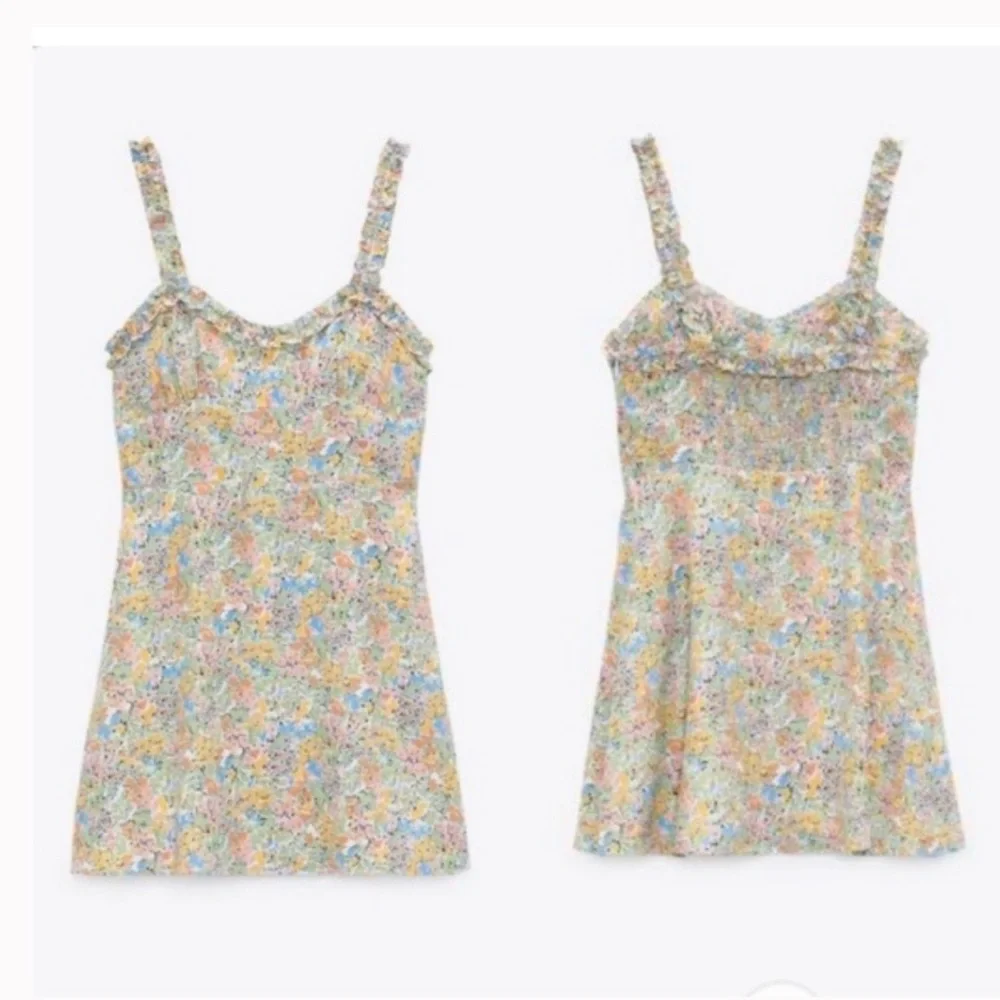 Zara Floral Mini Dress Sweetheart Neck Ruffle Strap Smocked Sundress Multi XXL - Picture 4 of 10